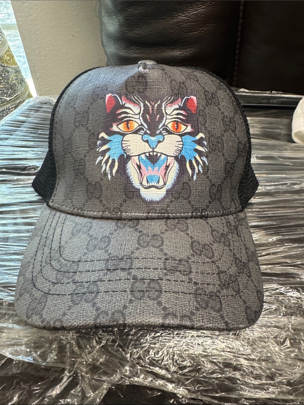 Gucci Gray Monogram Trucker Cap with Multicolor Tiger Patch